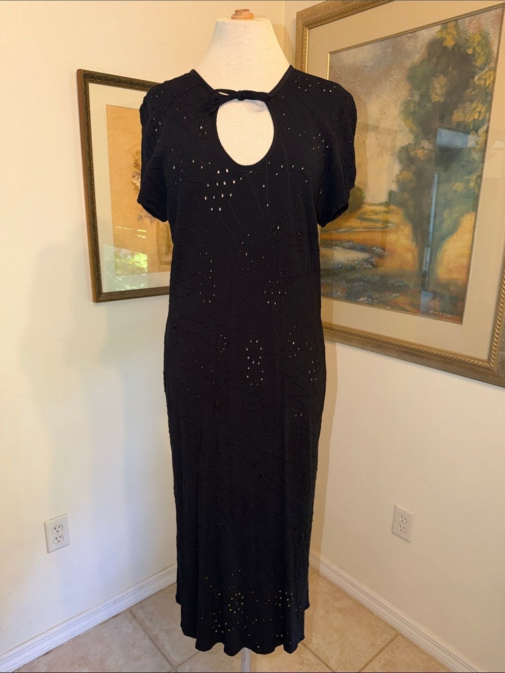 DRESS - GHOST LONDON Black Eyelet Embroidered Maxi w/Tie Neck Closure Size Large
